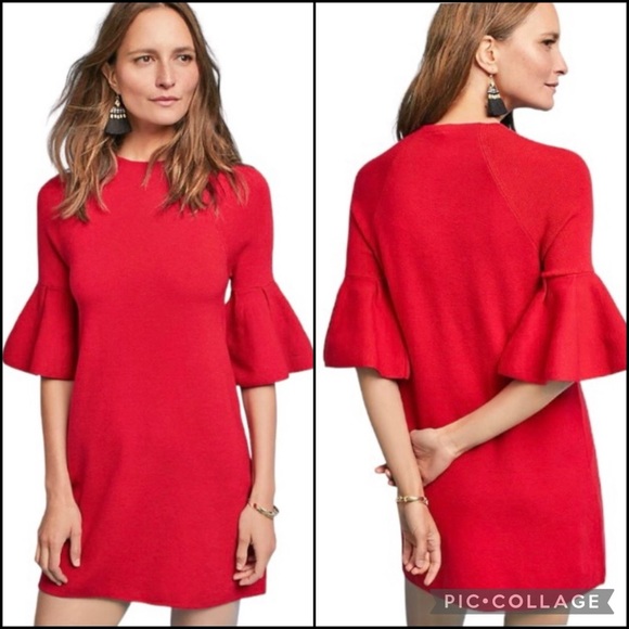 Anthro MOTH Red Bell Sleeve Rib Knit Mini Sweater Shift Dress Tunic - Picture 2 of 12